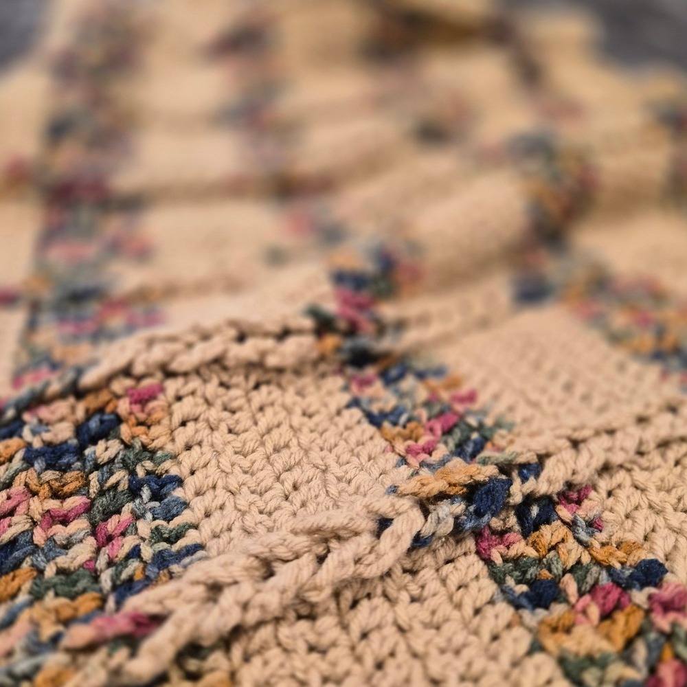 Handmade Crochet Throw Blanket Tan Multi Color Striped Grid Boho Cottagecore